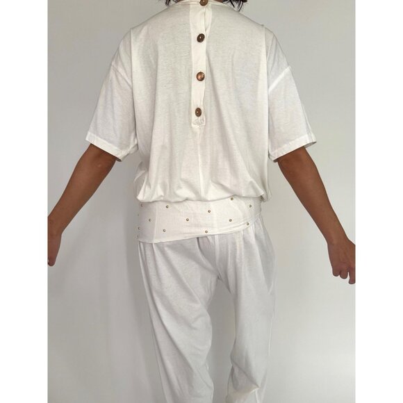 80s white embellished gold seashell retro loose cotton pant one piece jumpsuit - Picture 6 of 10